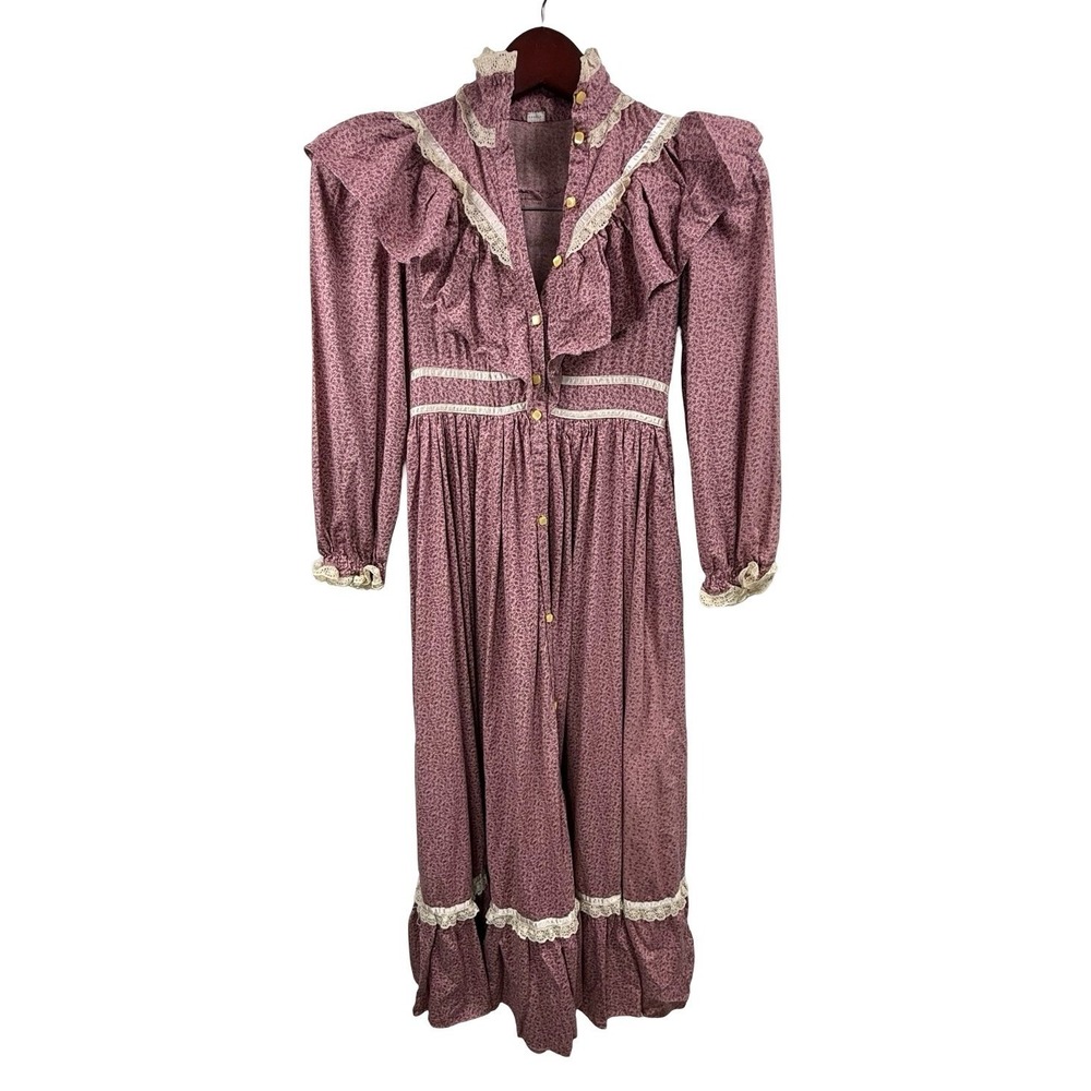 Vintage Prairie Dress Mauve Floral Lace Cottagecore Lace ruffle XXS 00 victorian